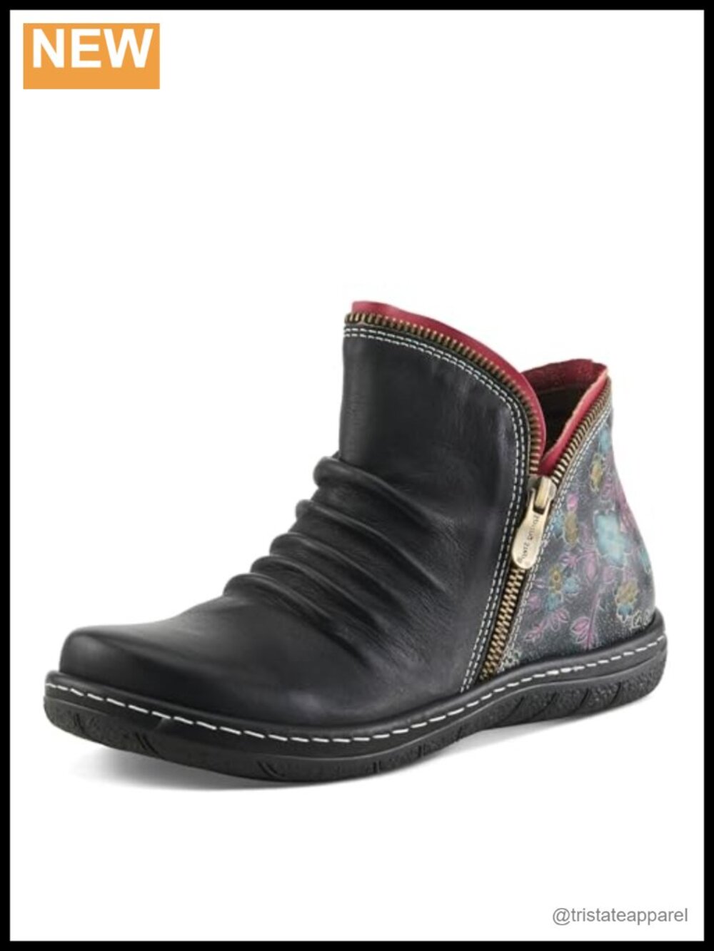 Hand-Painted Leather Floral Ankle Bootie Bohemian Ruched Front Inside Zipper